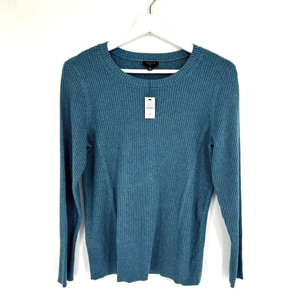 Talbots Petites Ribbed Metallic Teal Crewneck Sweater Petite M Cotton Blend NWT